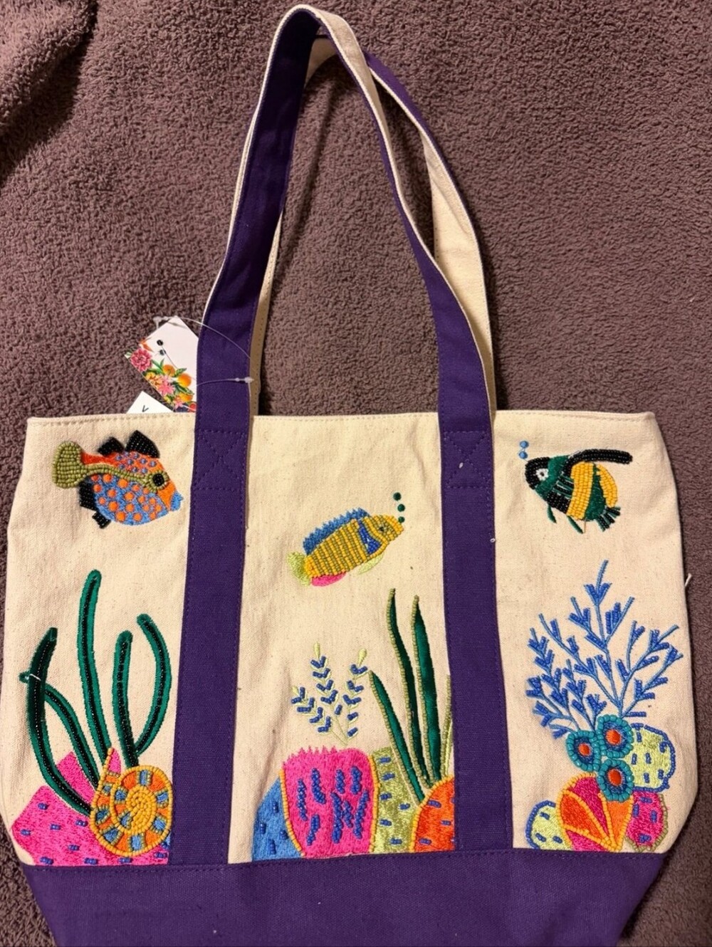 AMERICA & BEYOND New Viral Beaded Sea Life Fish Tote Beach Bag NWT